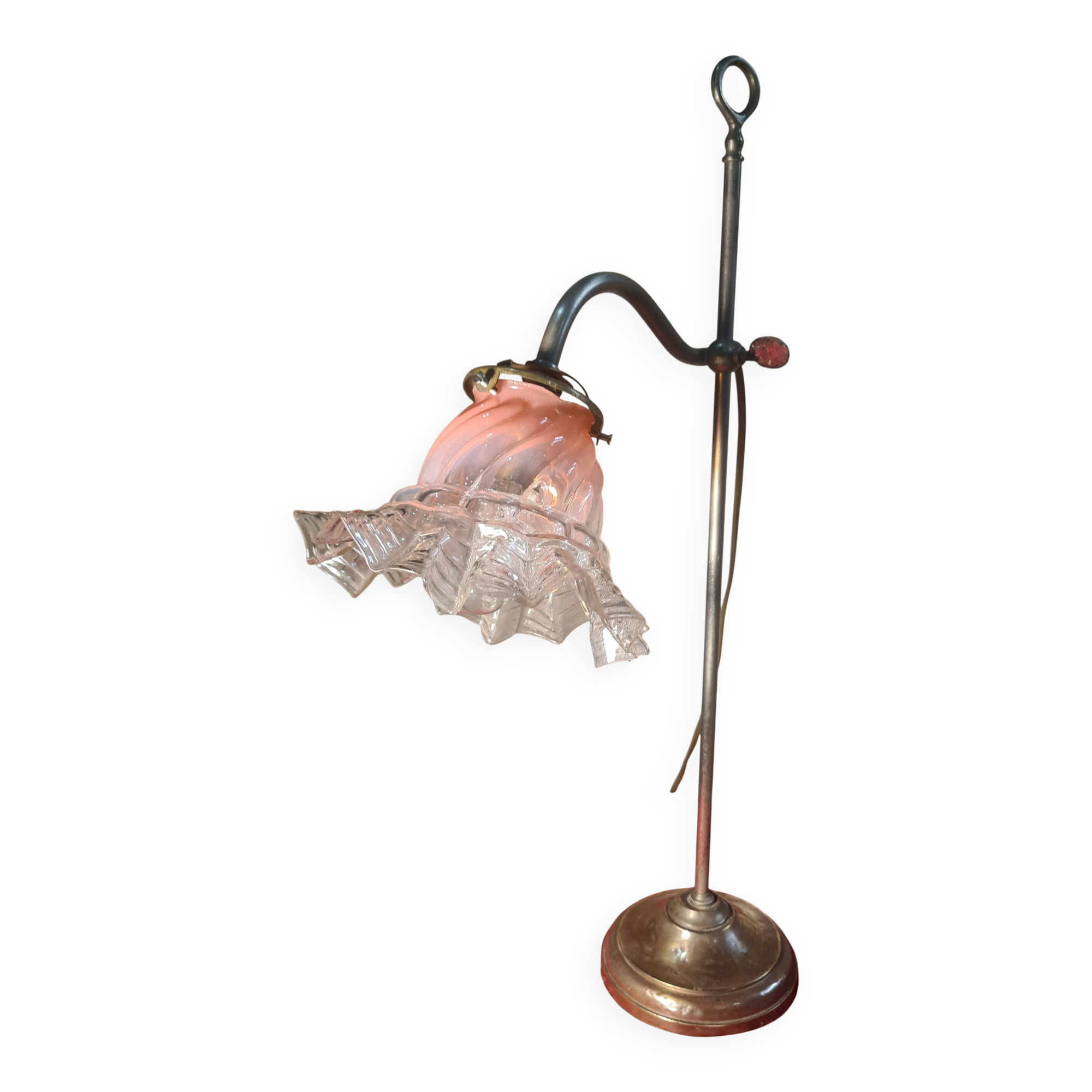 lampe de bureau laiton 1900 patine superbe 54x30 avec tulipe dentelle trans