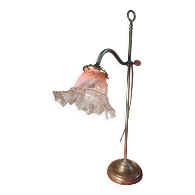 lampe de bureau laiton 1900 patine superbe 54x30 avec tulipe dentelle trans