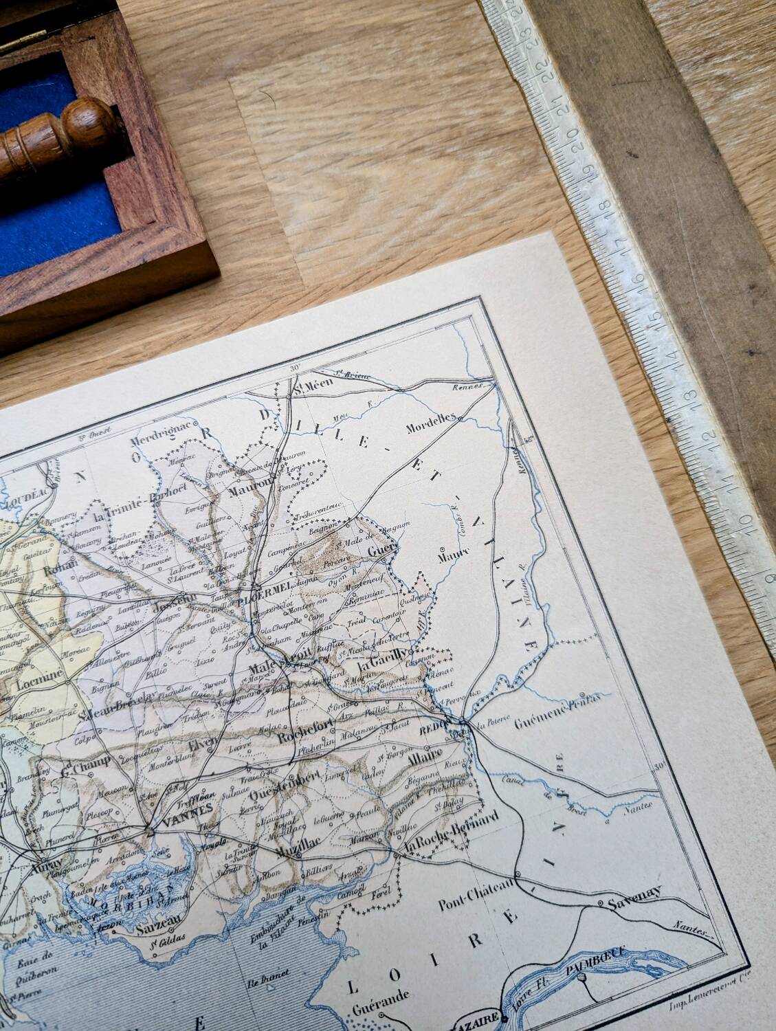 Printed in 1889, the Morbihan, old map.