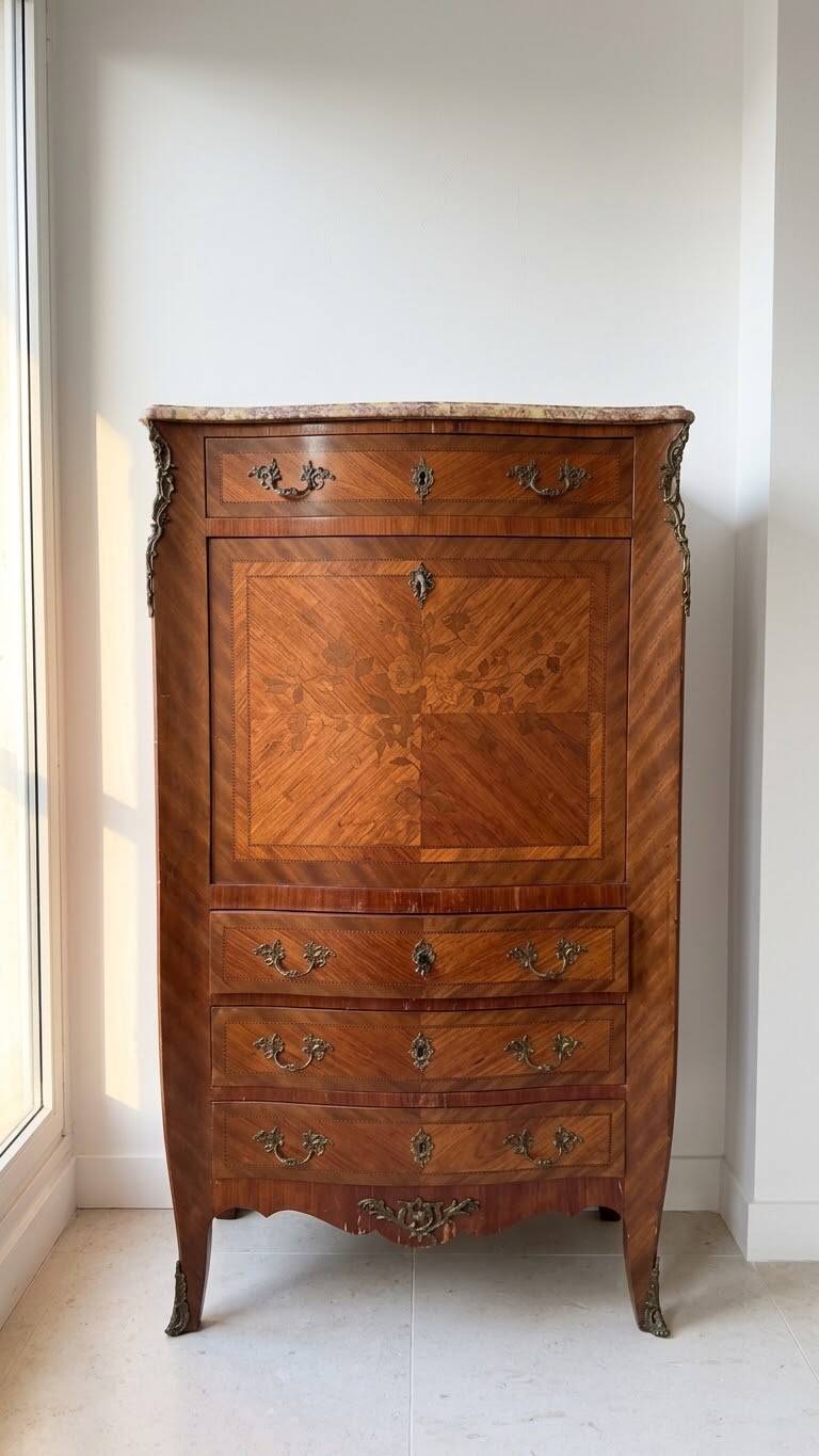 Louis XV secretary in marquetry wood and marble