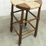 Brutalist stool in wood and straw, 1960s, 59cm