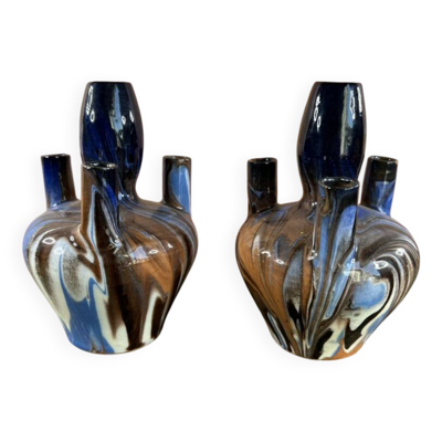 Paire de vases soliflores bleu marbré