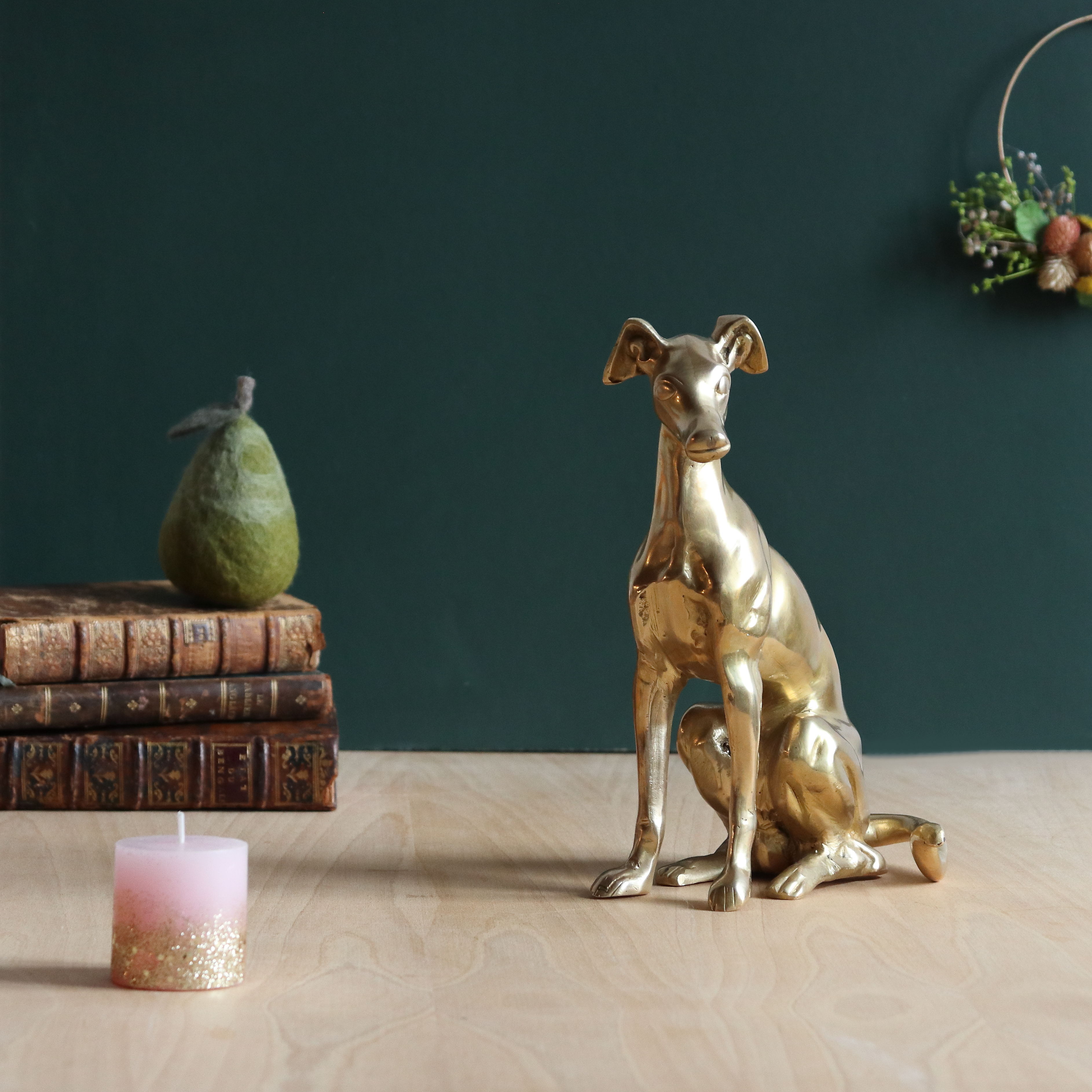 Vintage brass greyhound sitting dog from the 70s, height 25 cm