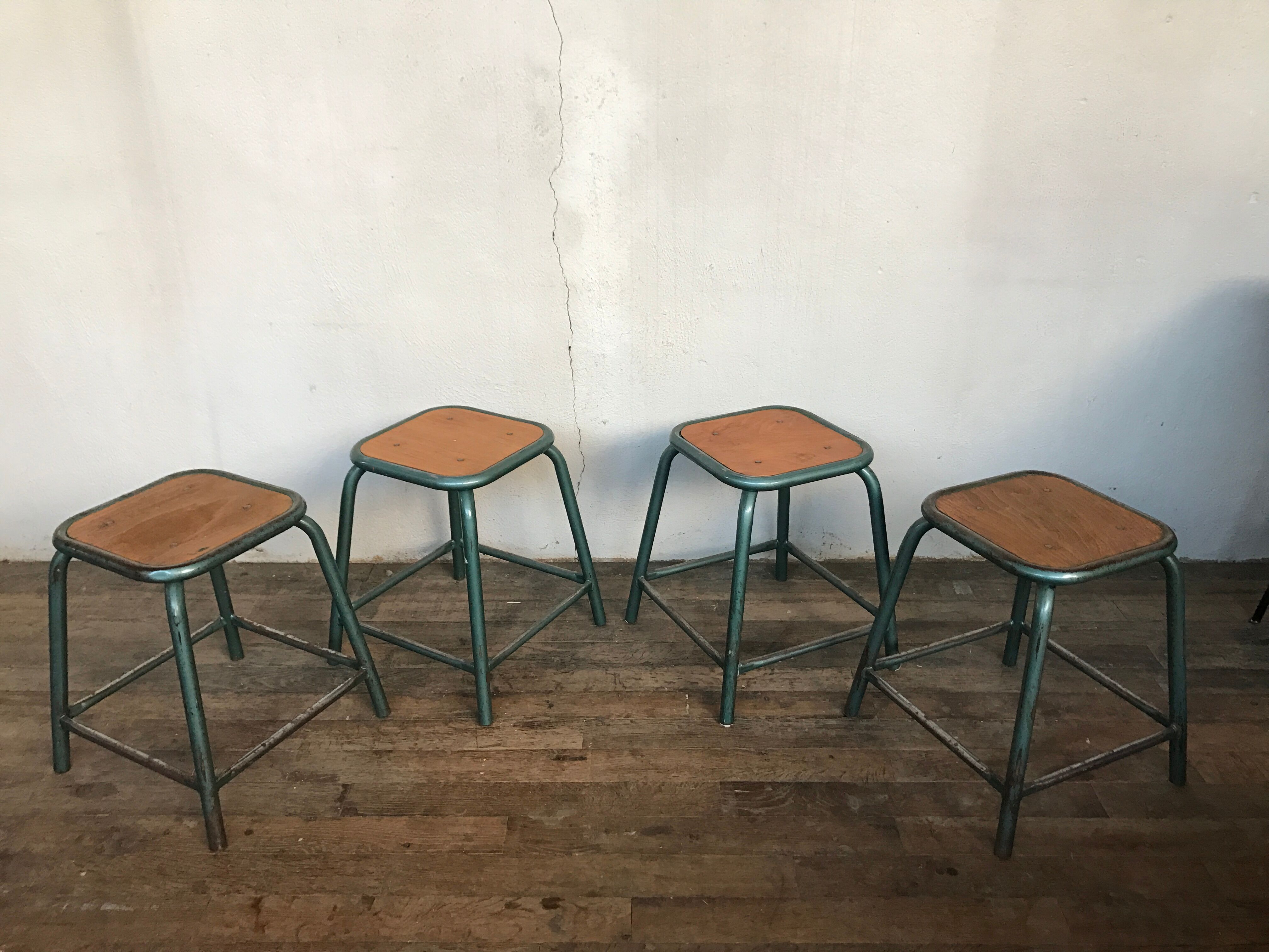 4 vintage green patina effect industrial deco 1950-60 school stools