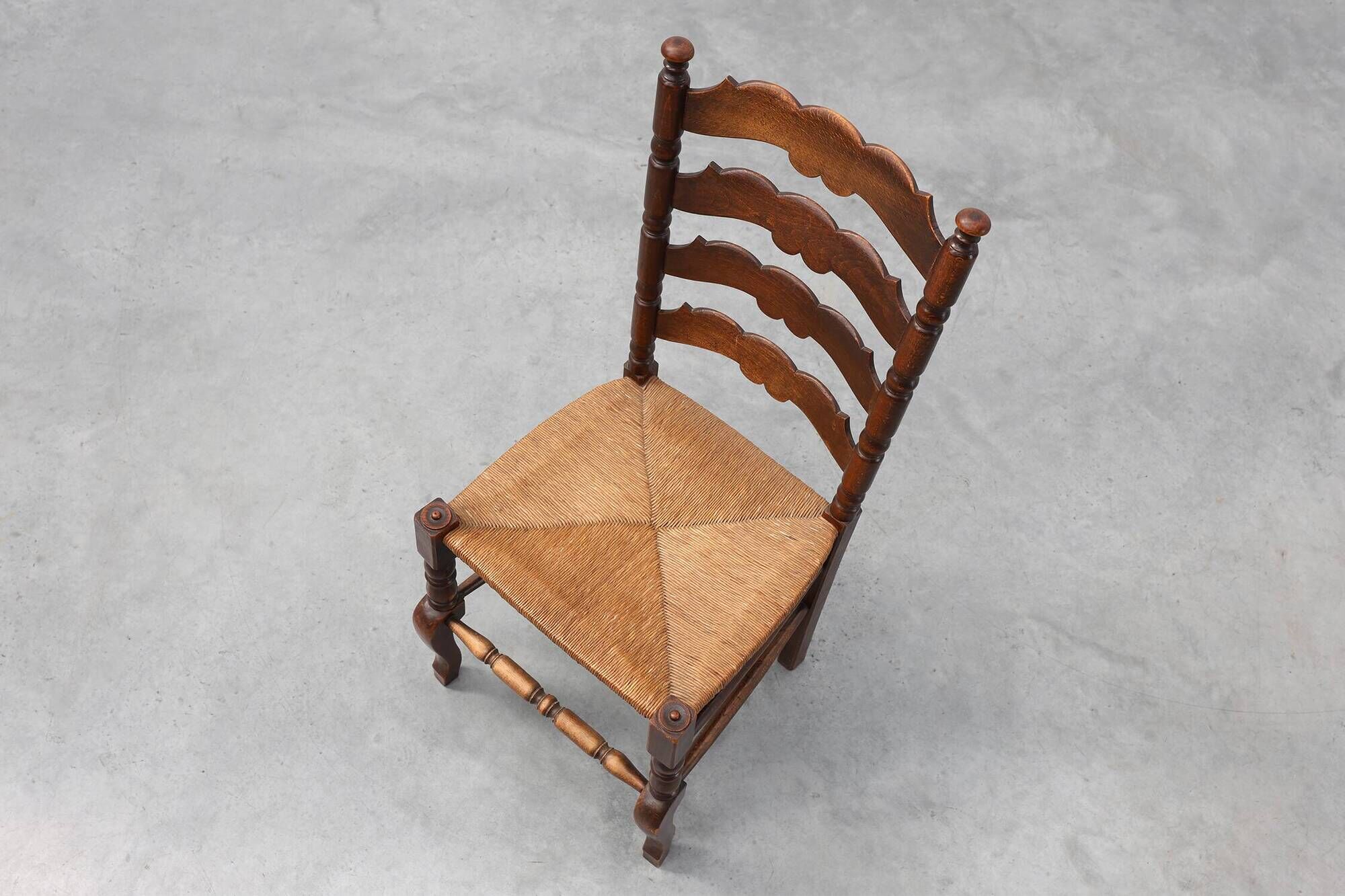 Rustic Oak Ladder-Back Chair with Rush Seat and Cabriole Front Legs, France