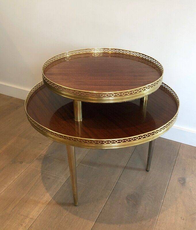 Tripod gueridon in neoclassical style made of mahogany, brass, and a golden metal base.