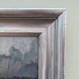 Vintage mid century modern winter landscape framed oil painting - the long road