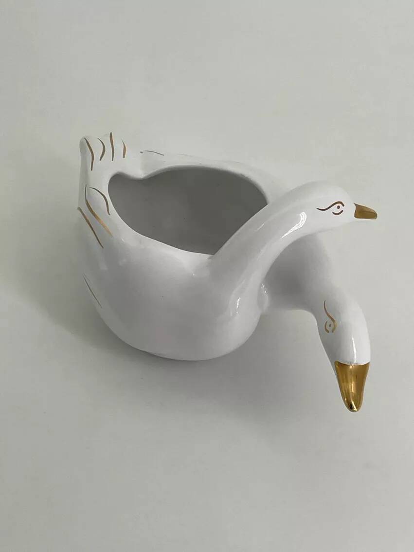 Vintage white and gold porcelain two swan planter
