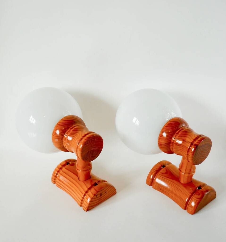 Pair of globe wall lights in pine and opaline 1960
