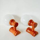 Pair of globe wall lights in pine and opaline 1960