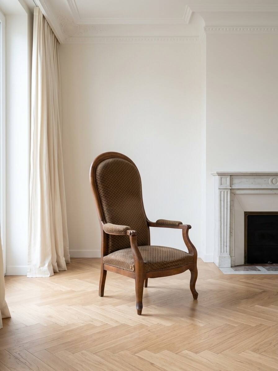 Classic Voltaire Armchair in Wood and Brown Fabric