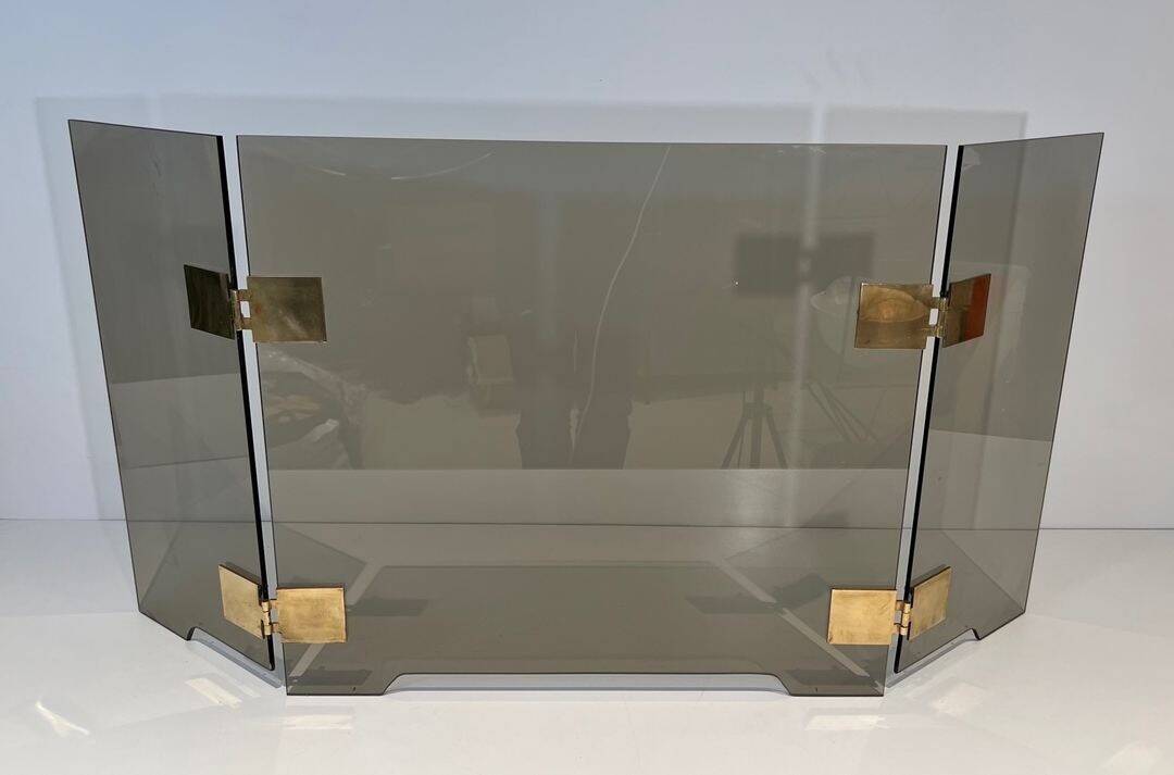 Three-Panel Folding Fire Screen in Smoked Glass with Polished Brass Hinges,