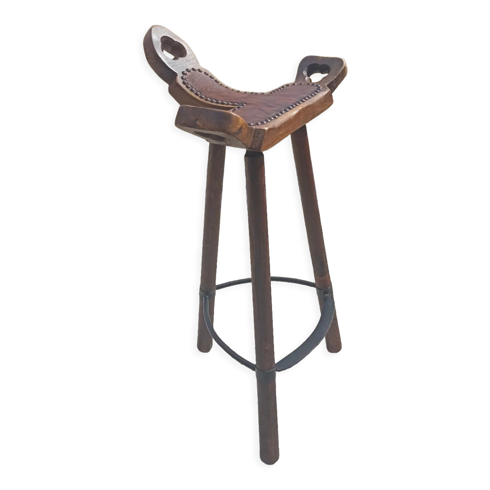 Brutalist bar stool wood and leather
