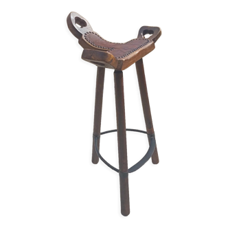 Brutalist bar stool wood and leather