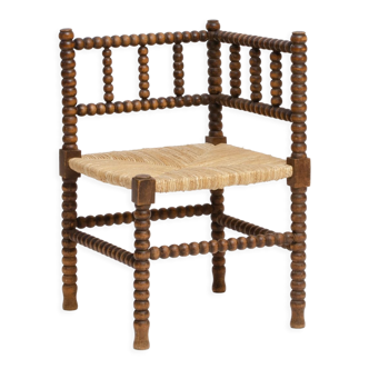 Corner chair, fireside in turned wood and straw, French work