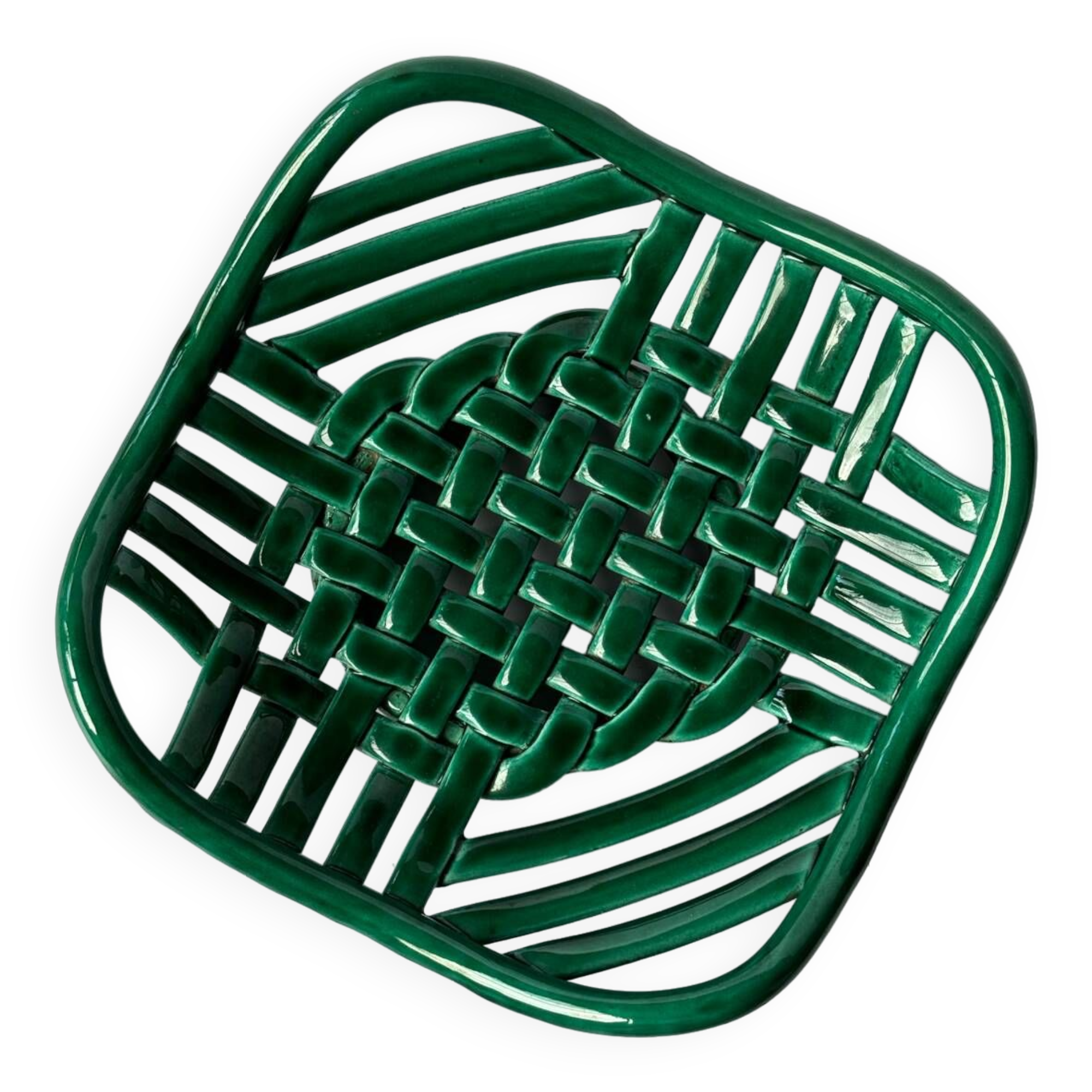 Green woven ceramic basket bowl