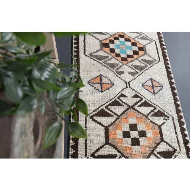 Vintage Turkish Oushak Handmade Wool Cotton White Runner Rug 81x363