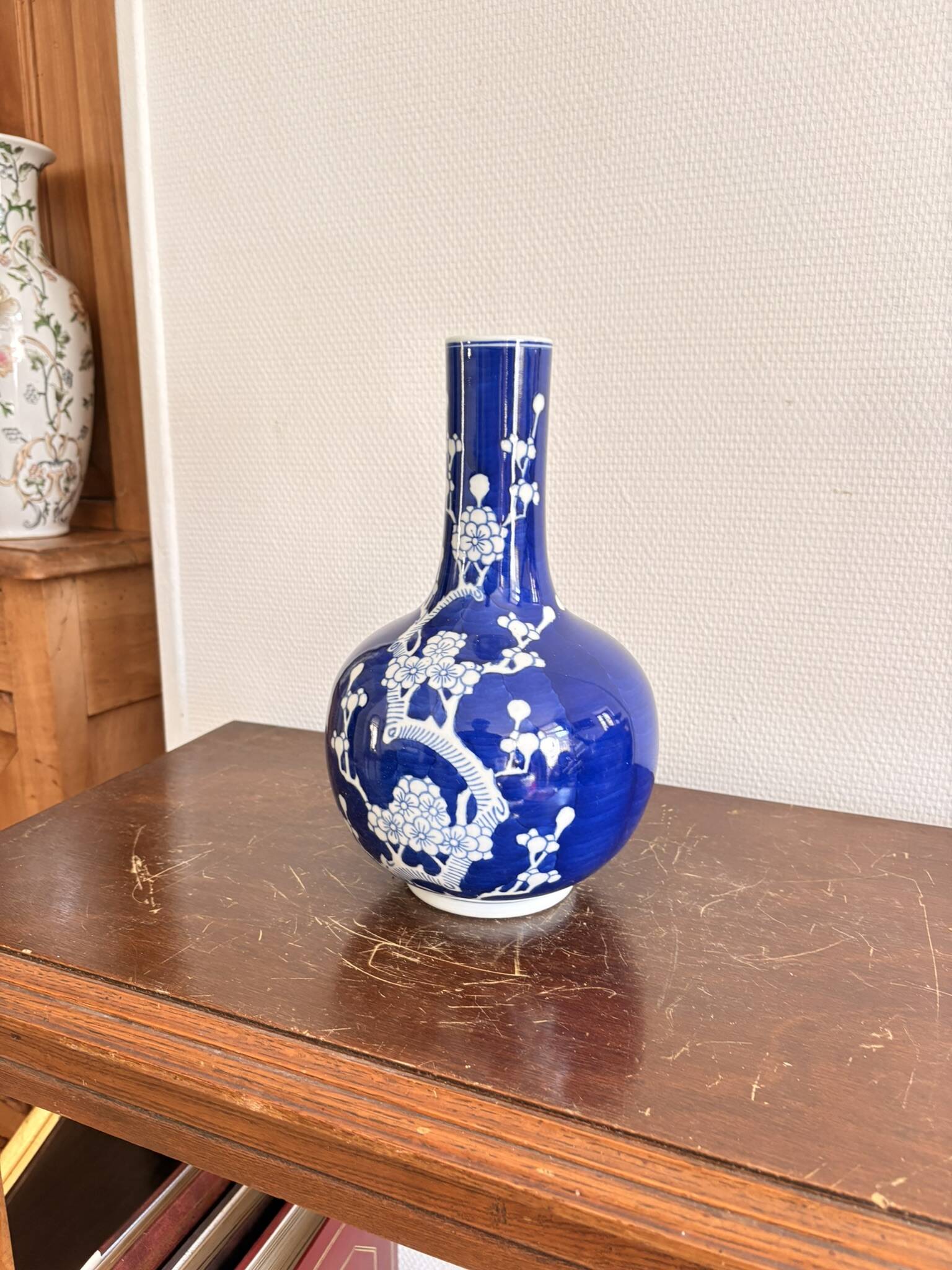 Ancient Blue Peking Bottle Vase China Chinese Prunus Flowers Qianlong