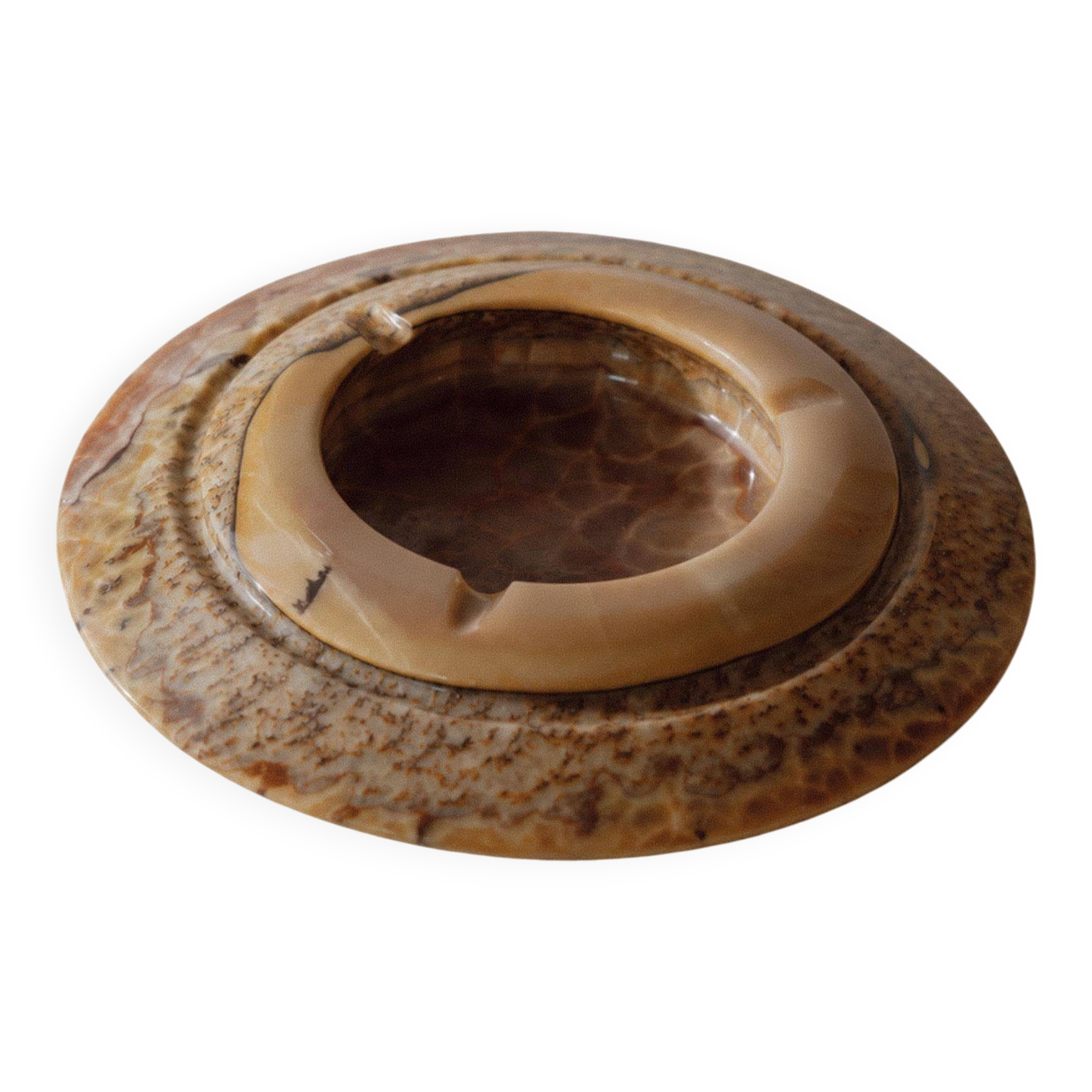 Vintage onyx ashtray from the 1980s, large round, brutalist design, brown and beige tones, sculptural table accent, modernist object, elegant gift idea.