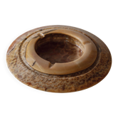 Vintage onyx ashtray from the 1980s, large round, brutalist design, brown and beige tones, sculptural table accent, modernist object, elegant gift idea.