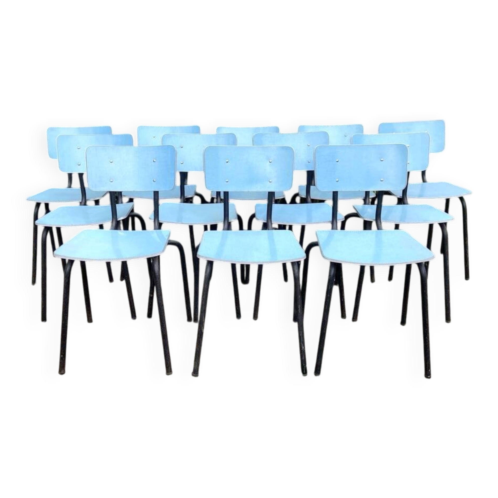 Set of 12 blue formica chairs