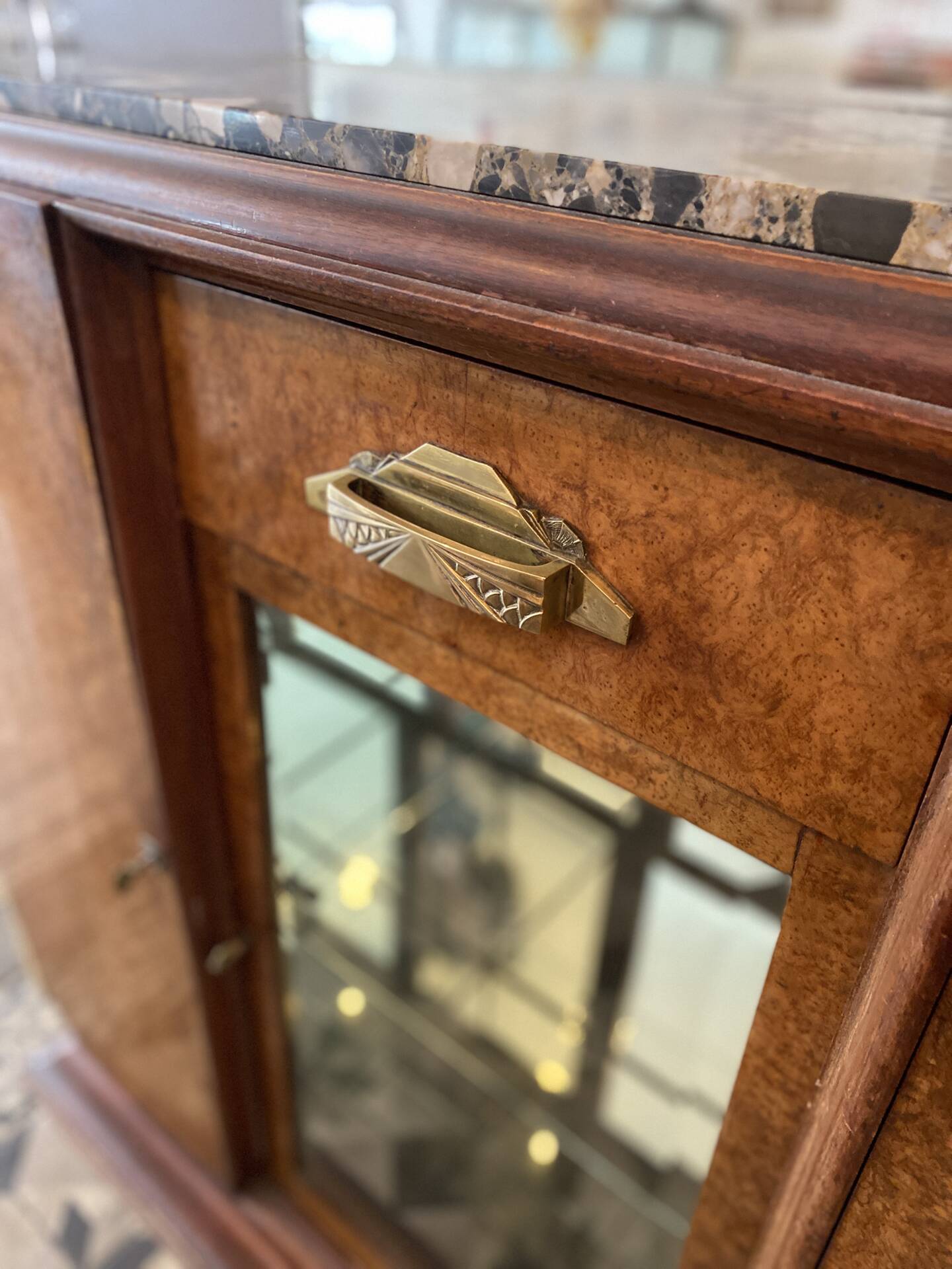 Art Deco wooden sideboard with mirror and marble
