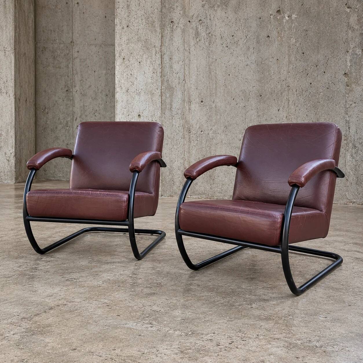 2 x dark brown / bordeaux red / weighty leather club chairs / 1980s