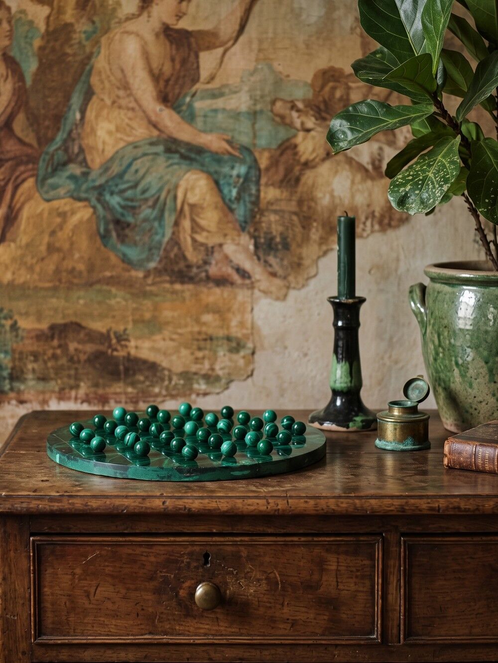 Vintage solitaire game in malachite, African work, 1960s-1970s.