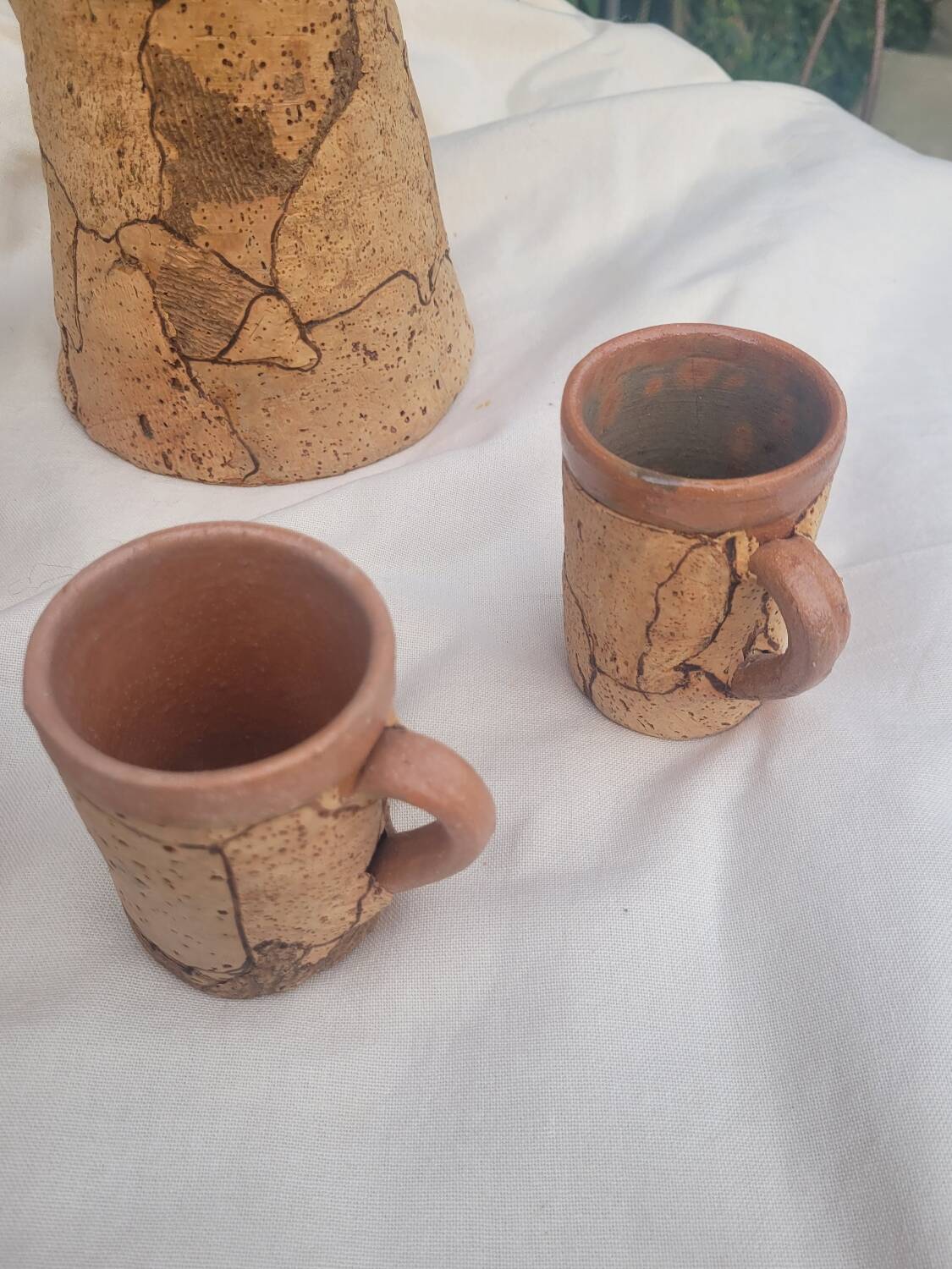 Set of old Corsican cork and terracotta handcrafted pitcher and cup