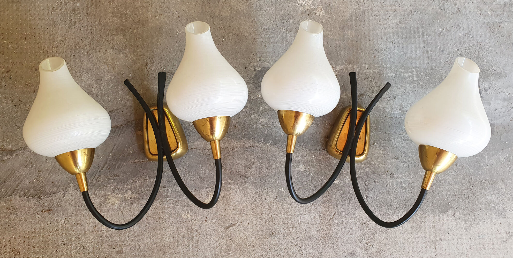 Pair vintage sconces, brass, steel and opaline 1950