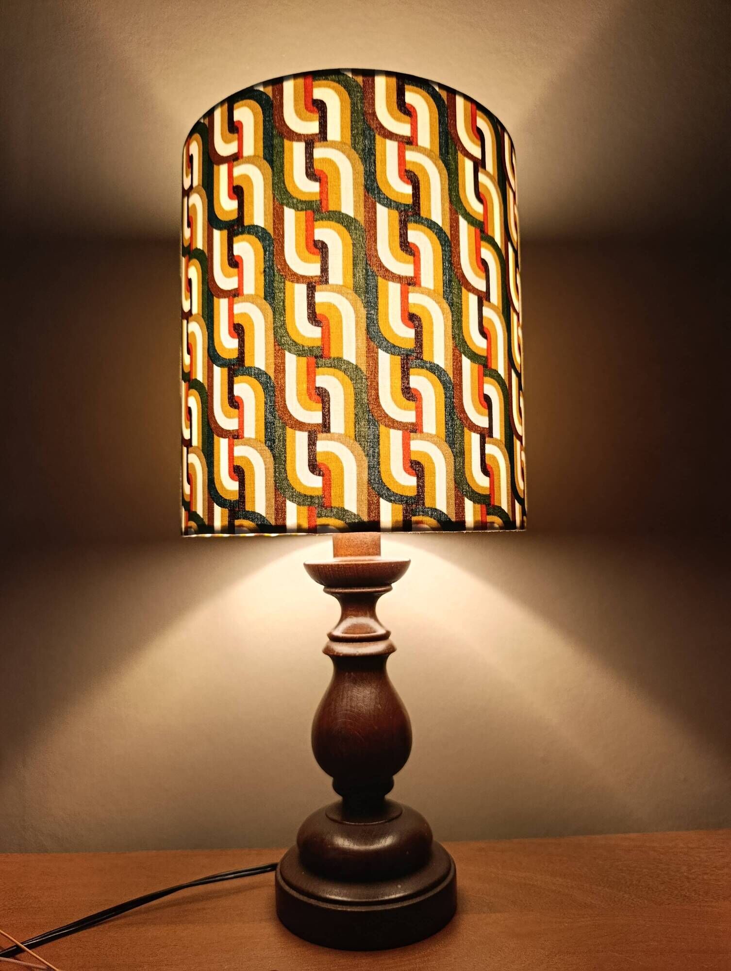 Vintage turned wood lamp, seventies graphic lampshade.