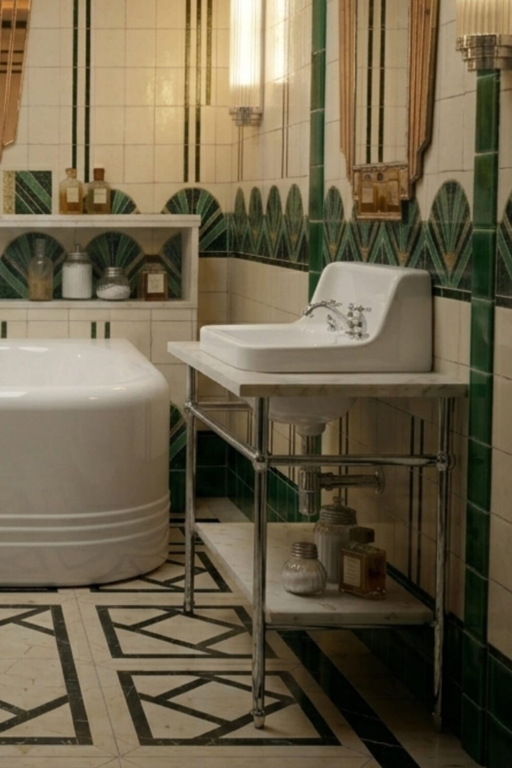 Art Deco bathtub from the 1930s and washbasin.