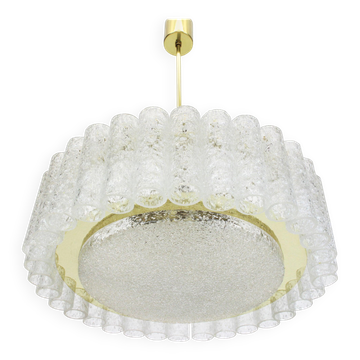 Frosted glass tube chandelier Doria with brass surround, Germany, 1960s