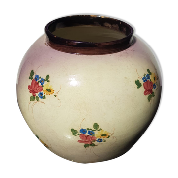Vase boule Vallauris Jerome Massier décor fleurs peint vintage