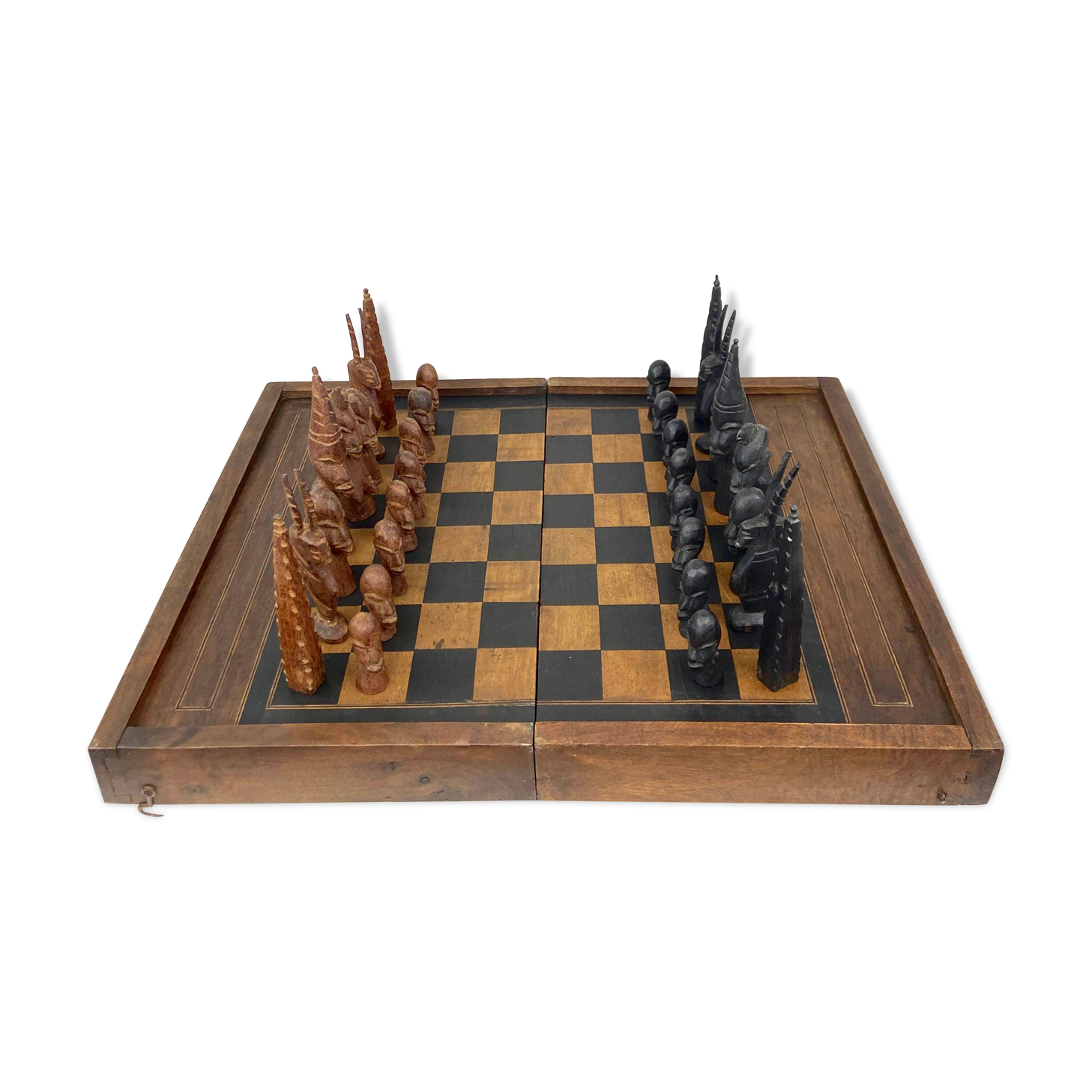 Jeu d'echec africain en bois précieux coffret de voyage