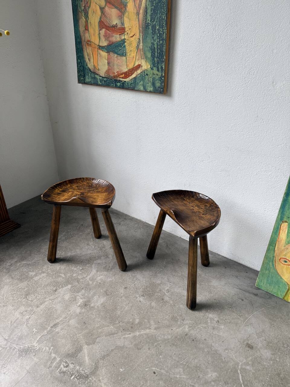 Pair of Le Selou tripod shepherd's stools