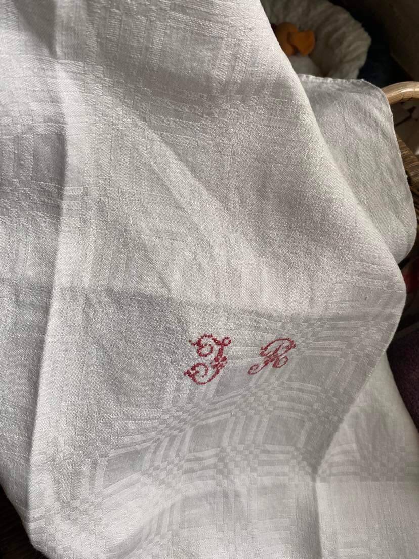 4 large damask tea towels JR monogram cross stitch.