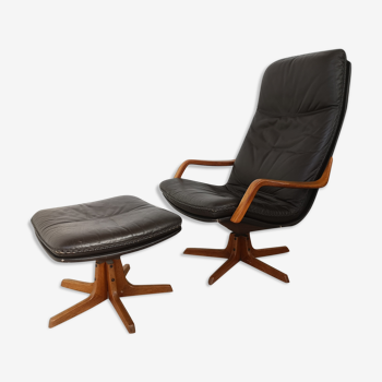 Mid - century leather armchair with footstool by Berg C90, Denmark 1970