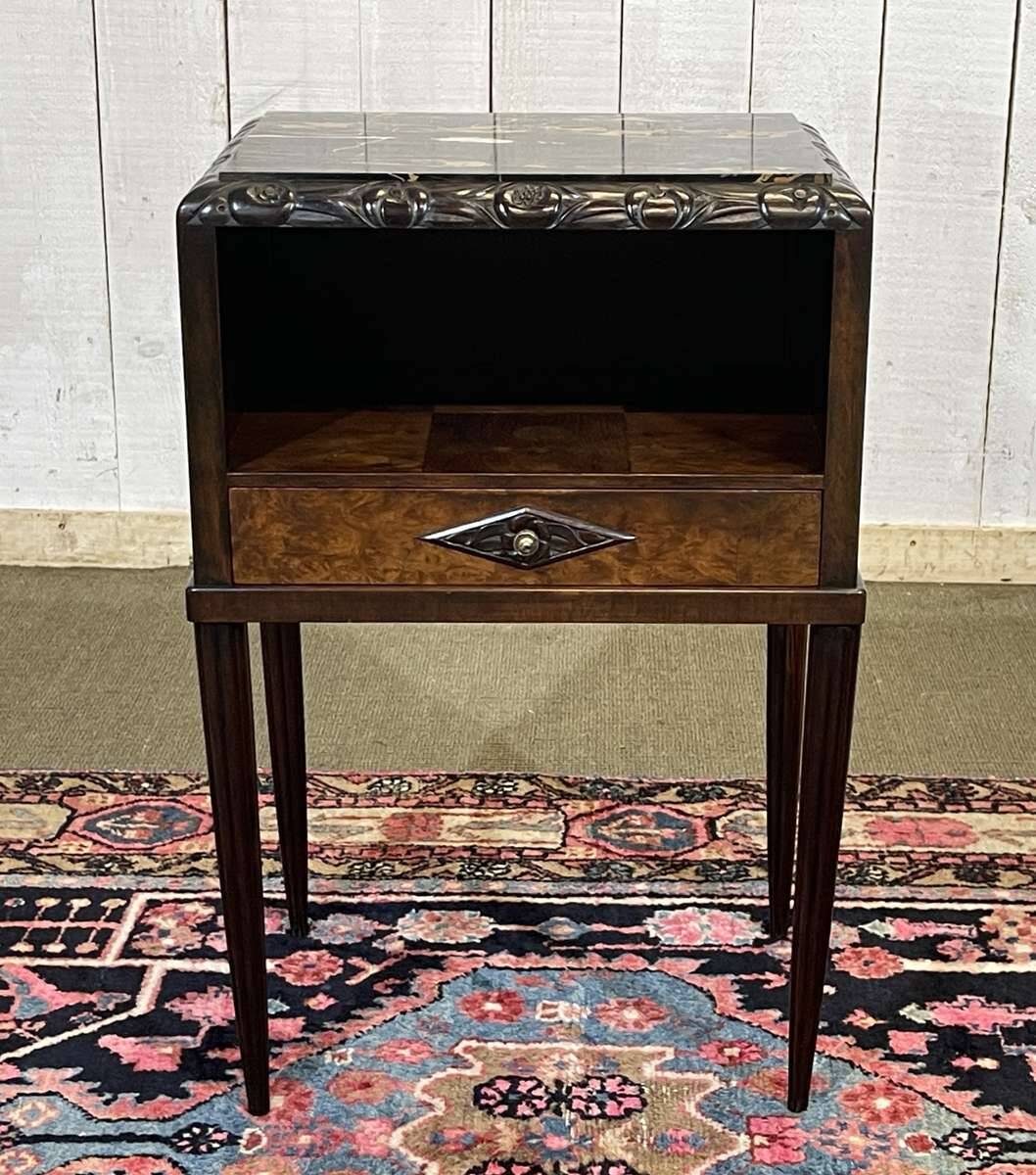 Art Deco bedside table in rosewood, walnut burl, and marble top.
