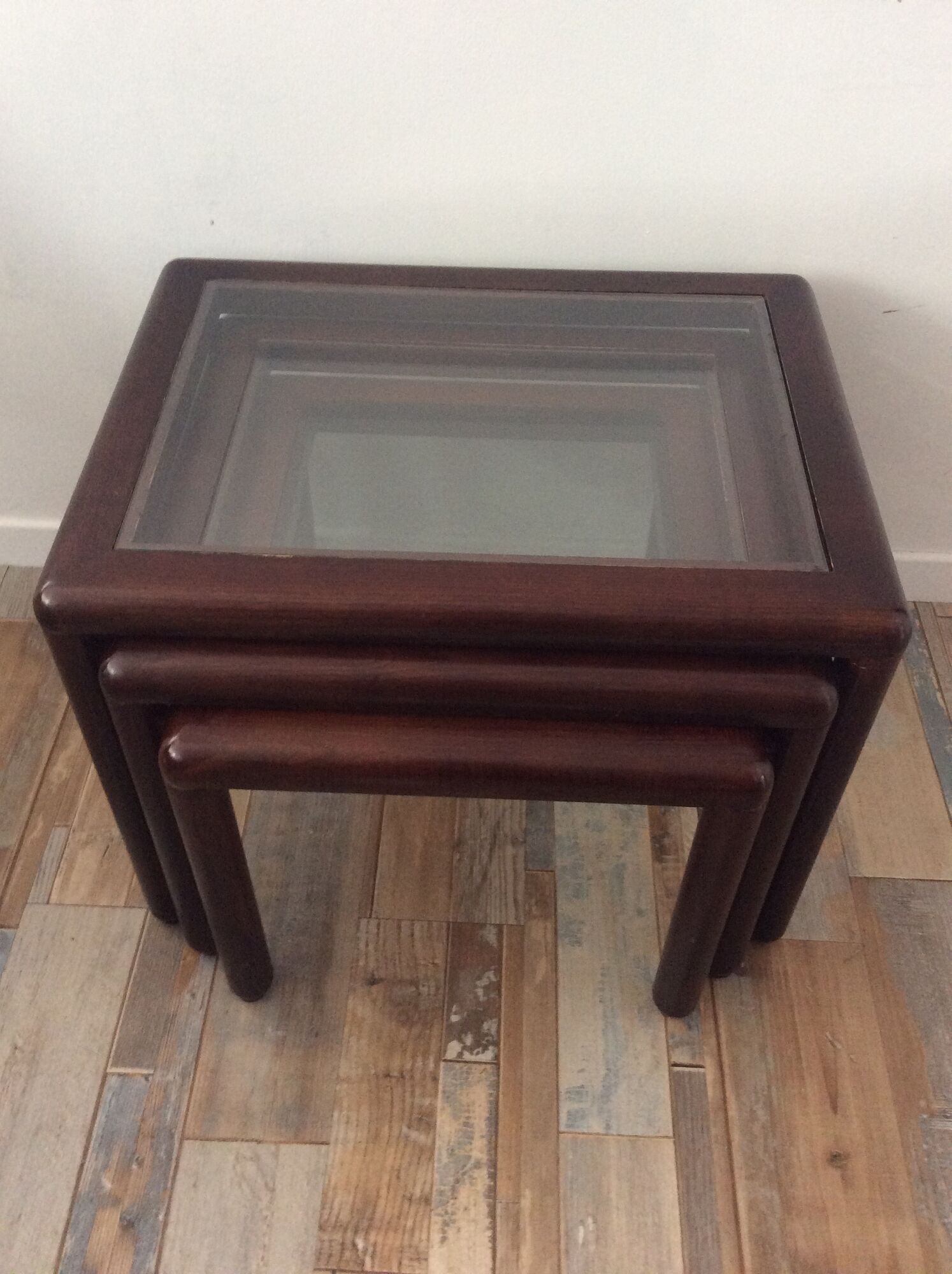 Series of 3 wooden and glass tables from the 70s