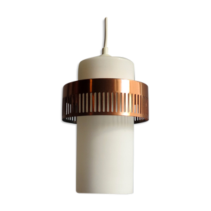 Lampe à suspension en verre opalin et anneau en métal cuivré, années 1960, 2 disponibles
