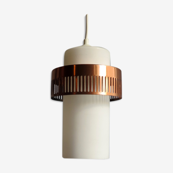 Opaline glass suspension lamp and copper metal ring, 1960s, 2 available