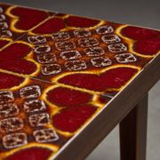 Wooden Veneer Low Side Table with Colourful Flower Ceramics Top, 1970s