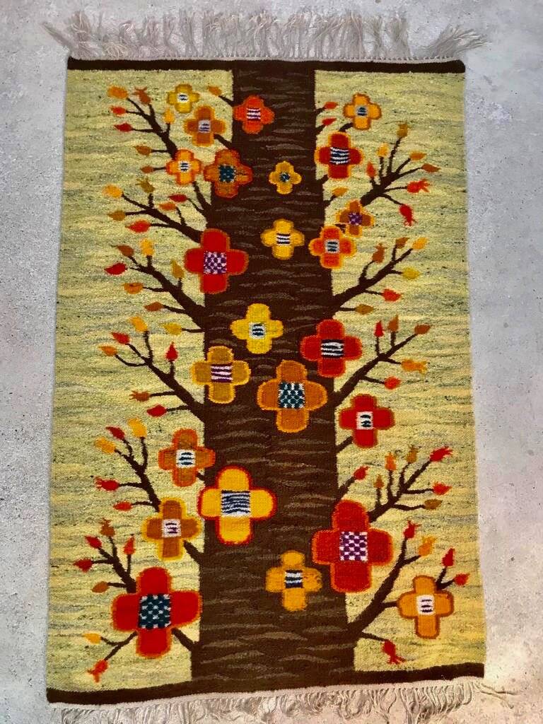 Polish kilim or wall rug with tree and blossoms motif from Cepelia, 1960s
