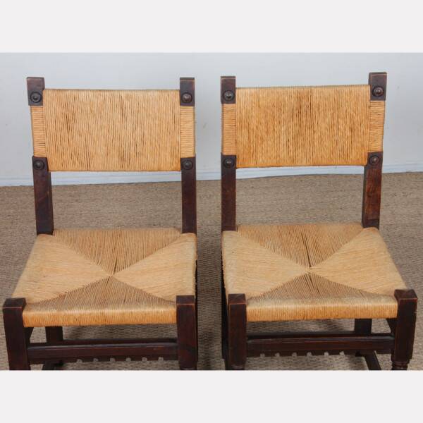 Set of 4 rush-seated chairs in solid oak, 1950.
