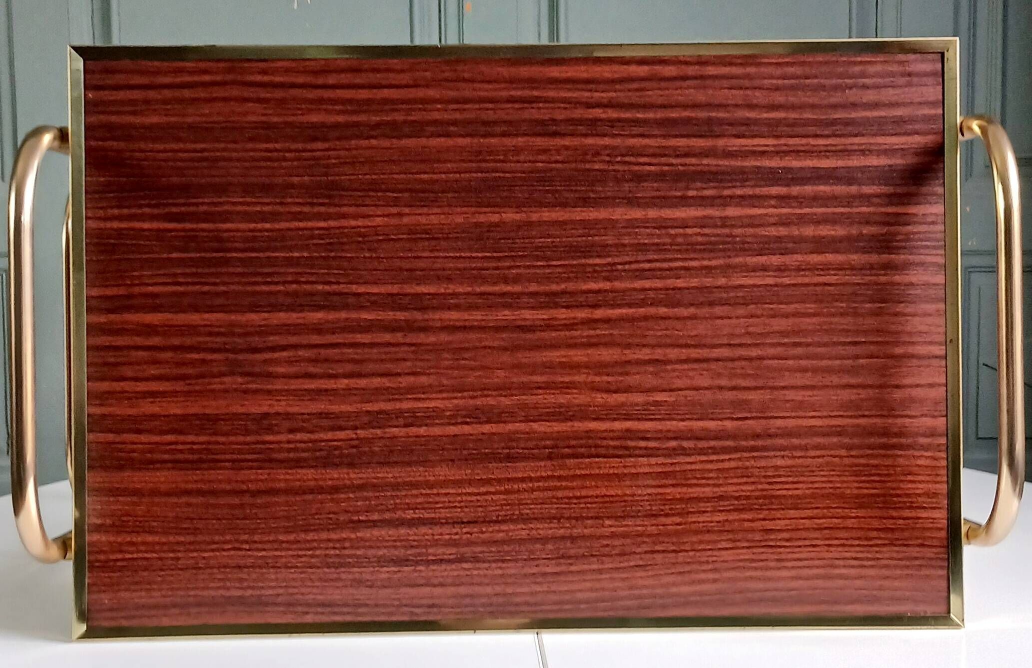 Vinyl record storage unit in gold metal & rosewood formica 1960