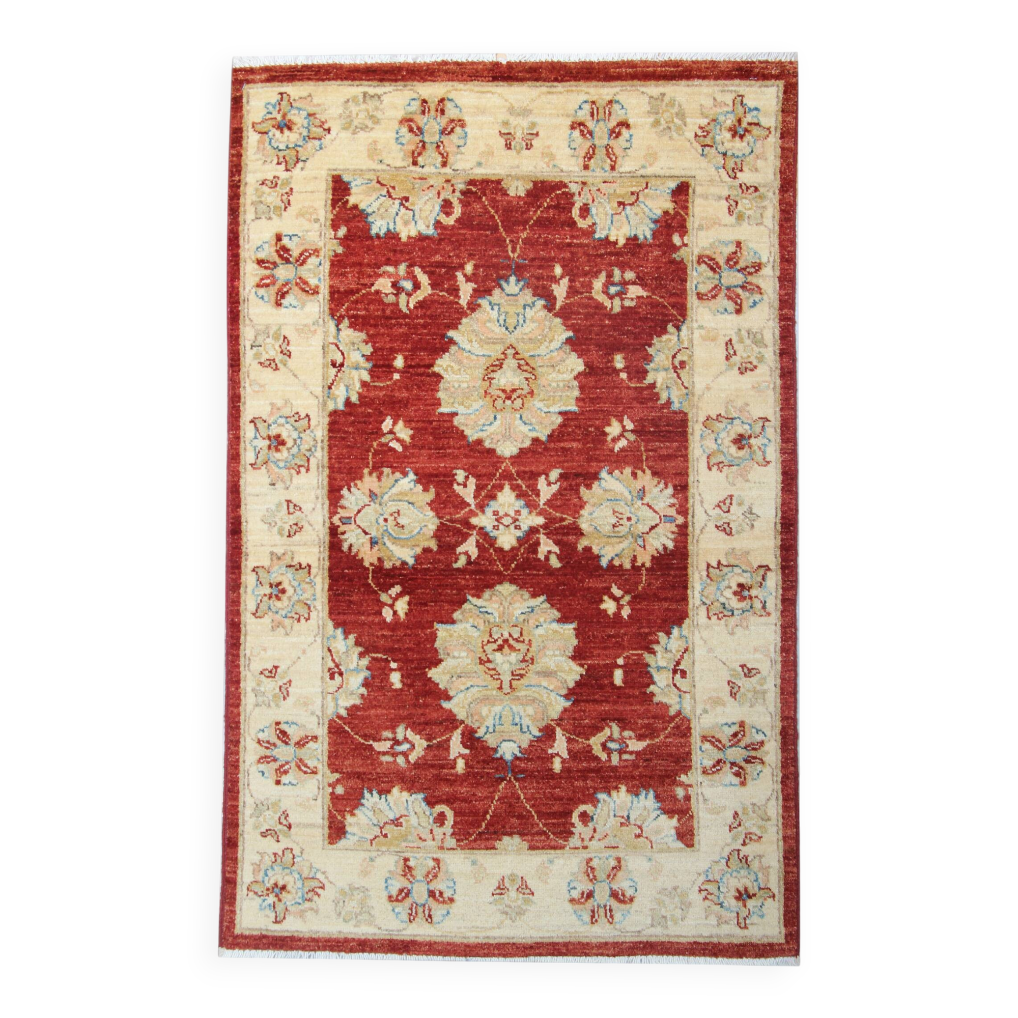 Red Gold Wool Rug, Handmade Floral Oriental Carpet 121x77cm Bedroom Decor