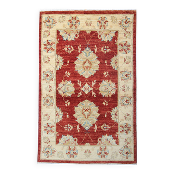 Red Gold Wool Rug, Handmade Floral Oriental Carpet 121x77cm Bedroom Decor