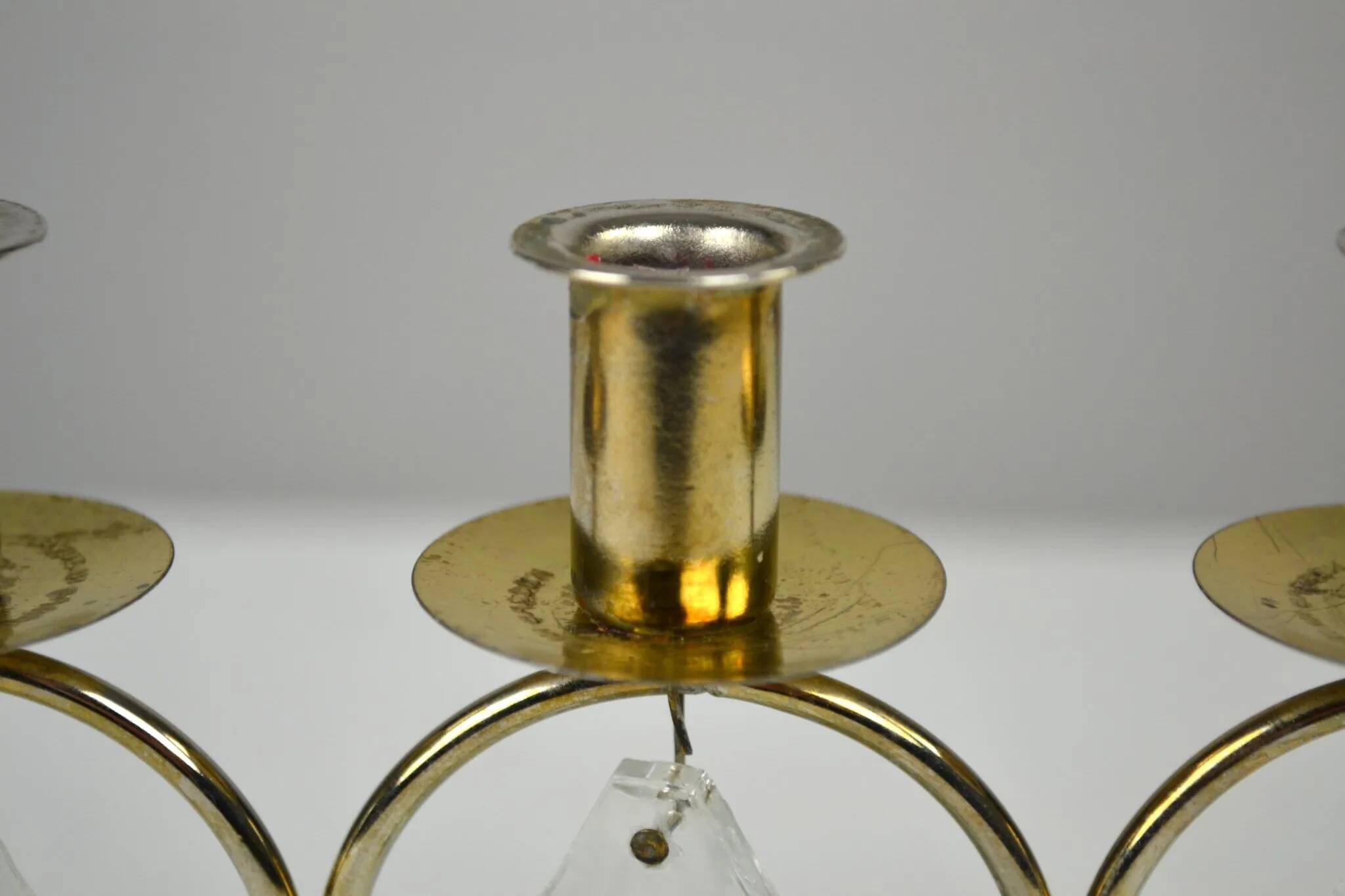 Brass Candelabra with Art Glass Base and Glass Prisms by Gunnar Ander for Ystad-Metall, Sweden, 1950s