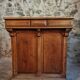Antique French oak shop counter, kitchen island on wheels, circa 1880–1900.